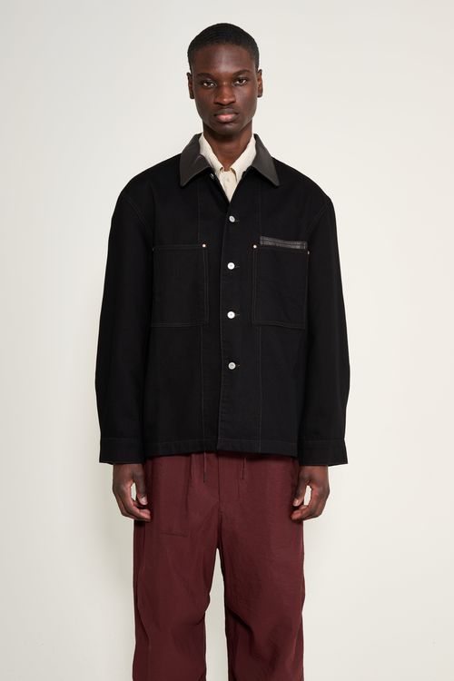 Lemaire Workwear Overshirt Jacket With Leather Collar Black