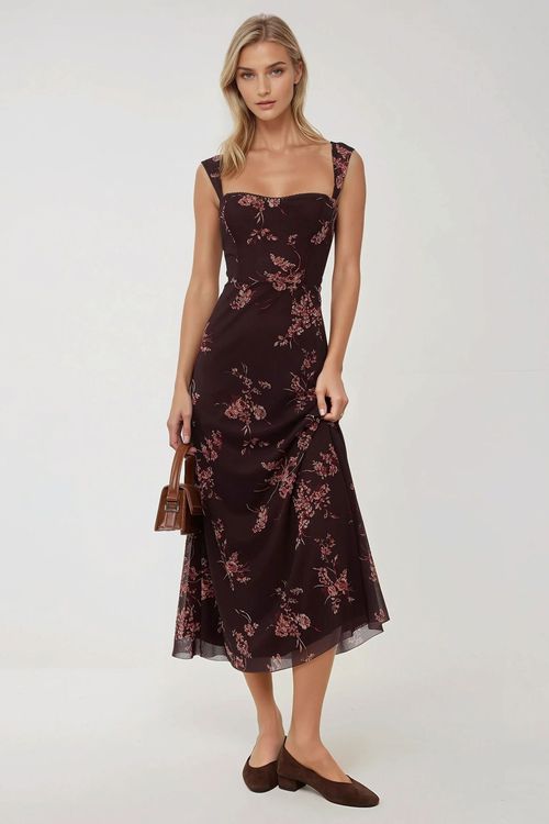 Chestnut Brown Patterned Maxi Dress With Heart Collar Women