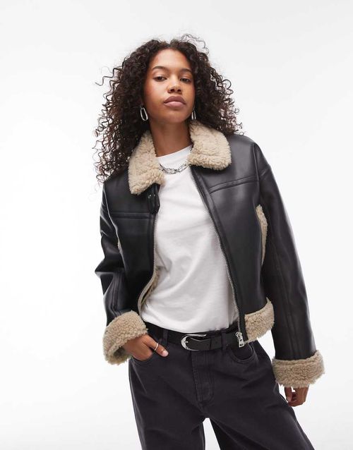 Topshop faux leather shearling fitted aviator jacket in black