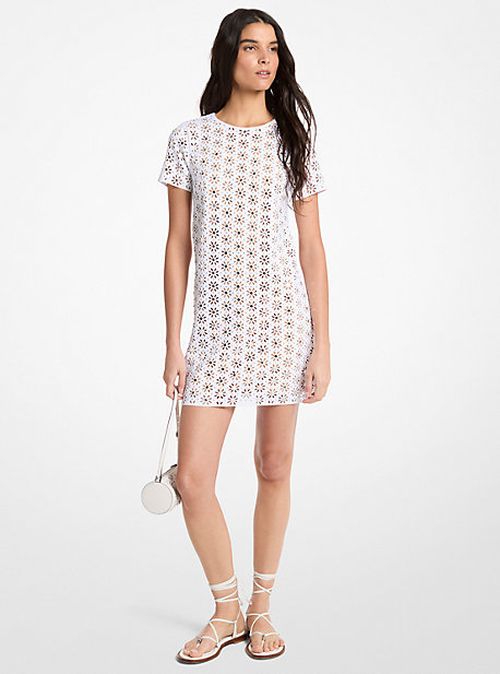 Mirror-Embellished Floral Laser-Cut Scuba Dress