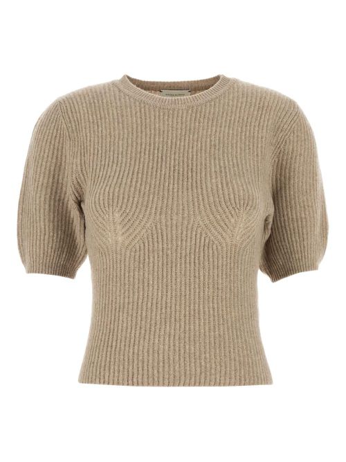 Puff-sleeve ribbed T-shirt - Neutrals