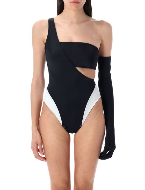 One-Shoulder Cut-Out Swimsuit with Matching Glove - Size S