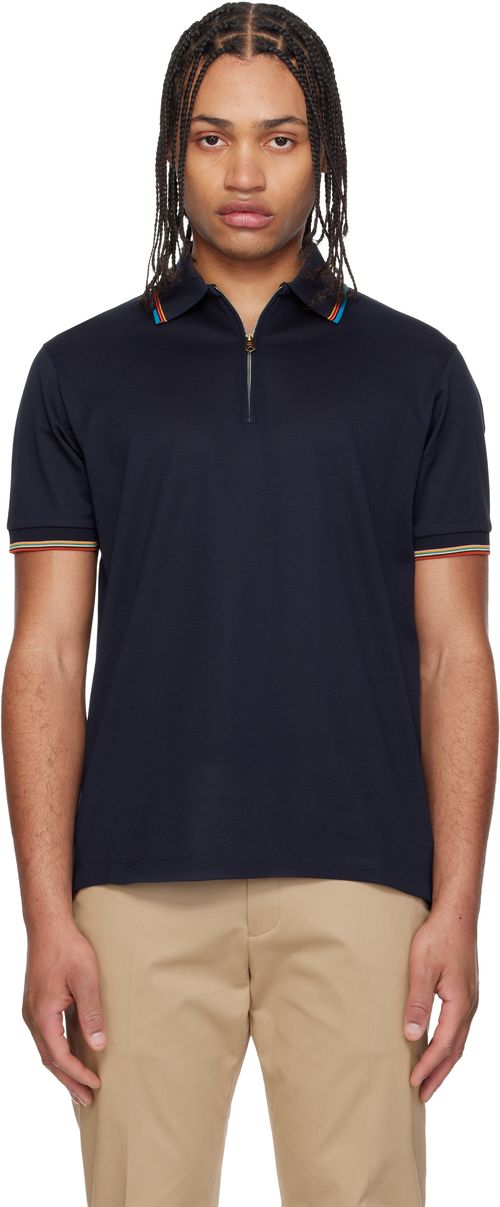 Navy Cotton 'Signature Stripe' Trim Zip Polo Shirt