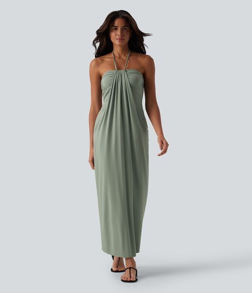 Halter Tie Back Maxi Dress with Pockets Casual Dress - Asparagus