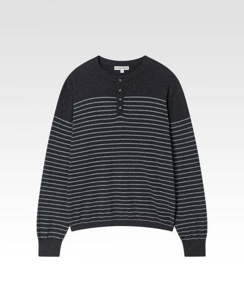 Stripe Plus Henley Neck Knit Charcoal