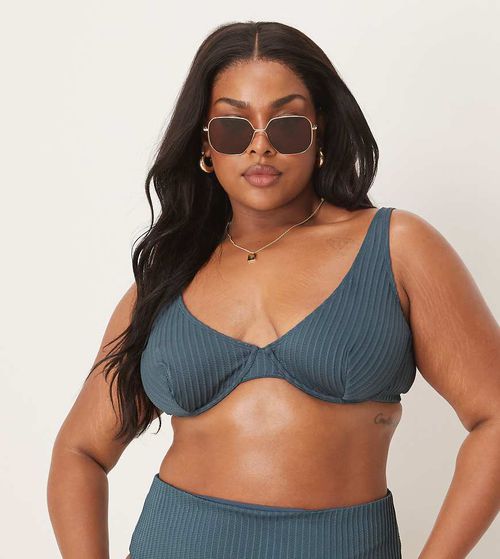 ASOS DESIGN Curve Riddy ribbed underwire bikini top in slate blue-Gray