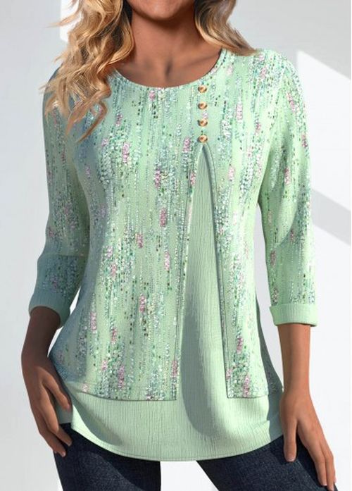 Modlily Light Green Button Geometric Print 3/4 Sleeve T Shirt