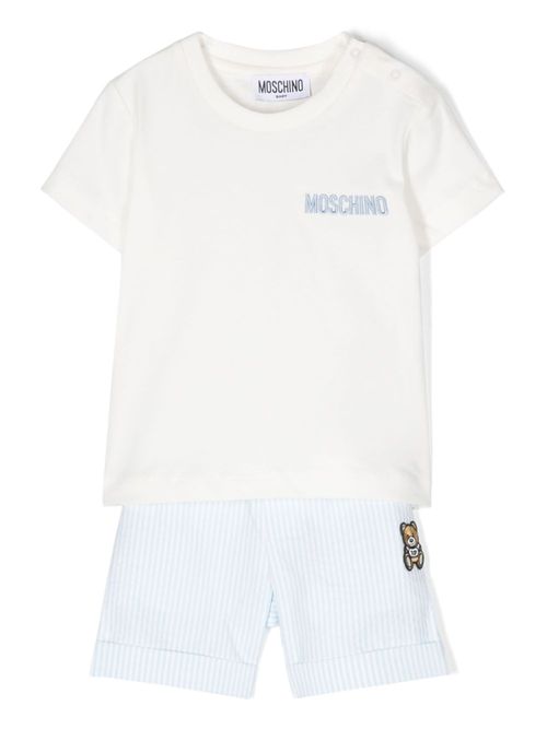 Teddy Bear-patch striped shorts set - White