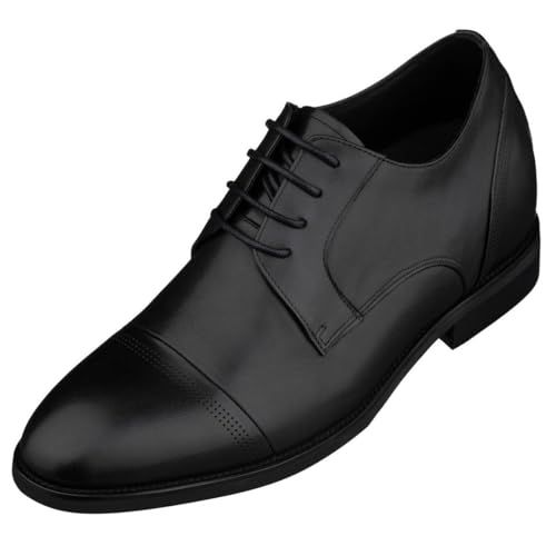 TOTO Men's Invisible Height Increasing Elevator Shoes - Black Premium Leather Lace-up Micro-Perforated Formal Derby Oxfords - 2.8 Inches Taller - K9277-