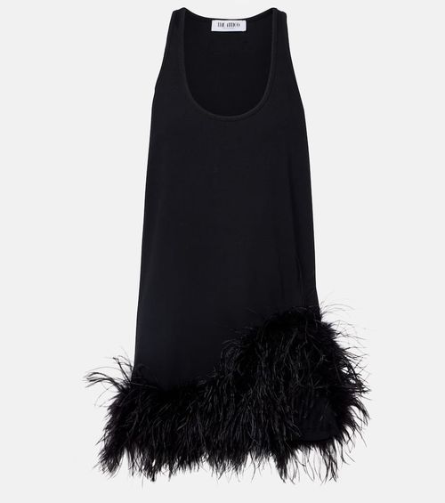 Ribbed-knit feather-trimmed cotton minidress
