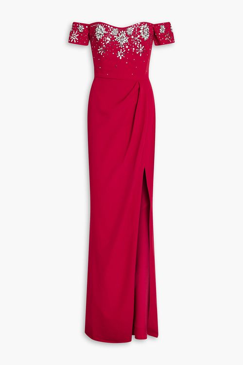 Off-the-shoulder embellished crepe gown