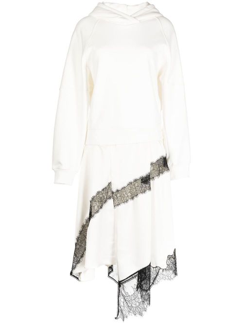 Lace-trim hooded asymmetric midi dress - White