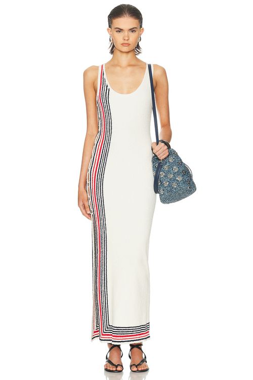 RABANNE Sleeveless Long Dress in Red & Navy Stripes - Ivory.  S also in