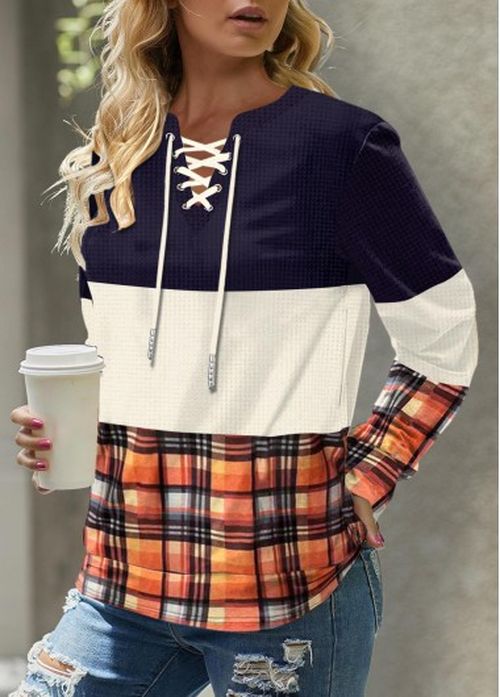 Modlily Multi Color Patchwork Plaid Long Sleeve Sweatshirt