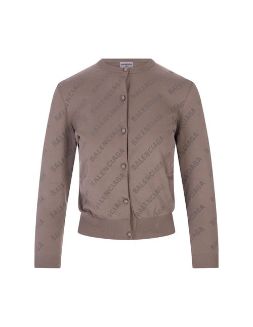 Woman Beige Knit Crop Cardigan With All-over Logo