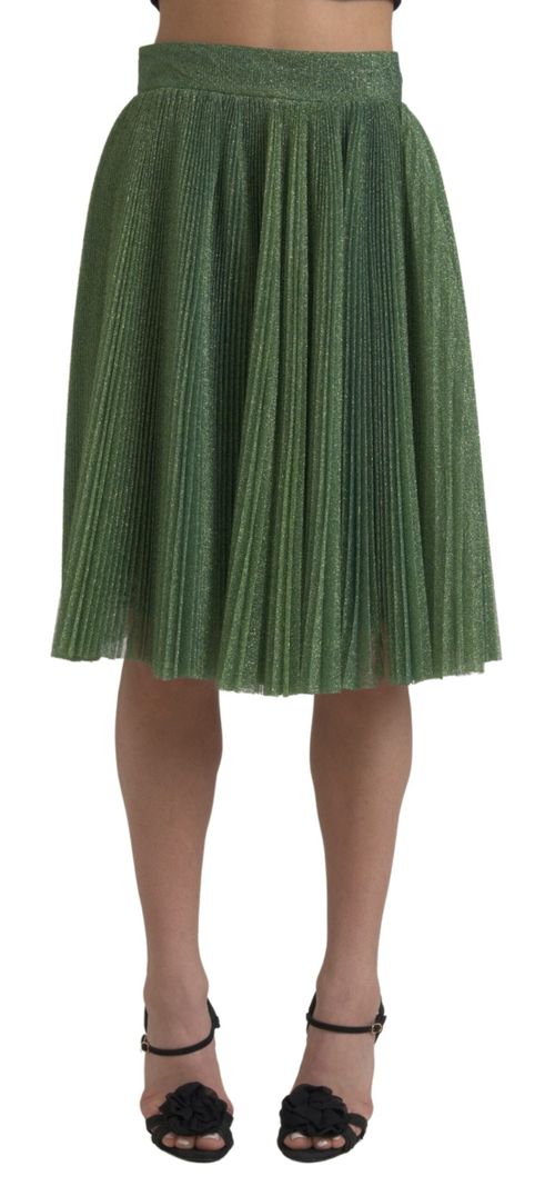Metallic Pleated A-Line Skirt — Green