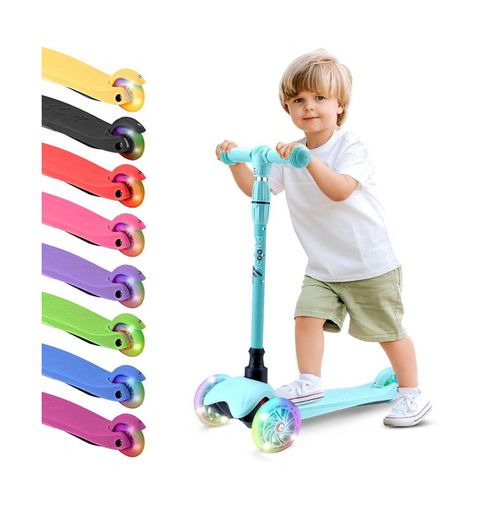 Lightweight and Adjustable Mini Kickboard Scooter with Led Light Wheel for Kids (Teal Blue) - Blue