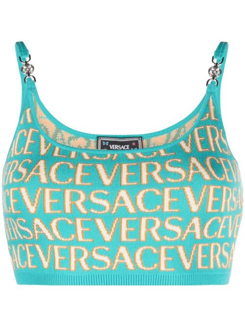 Logo-print knitted cropped top - Blue