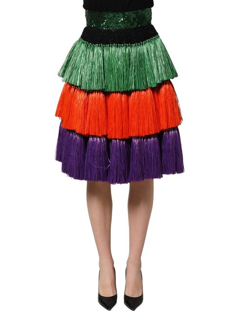 Multicolor Fringed Silk Skirt — Multicolor