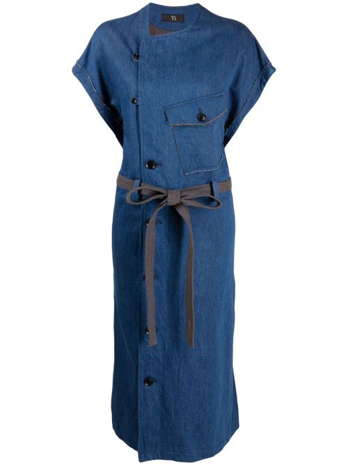 Belted-waist twill denim dress - Blue