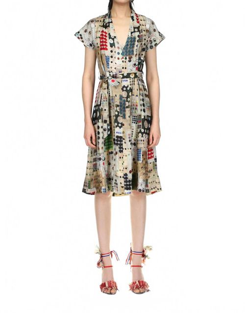 Button Card Shoppe Tuck Pleat V Neck Dress In Multi