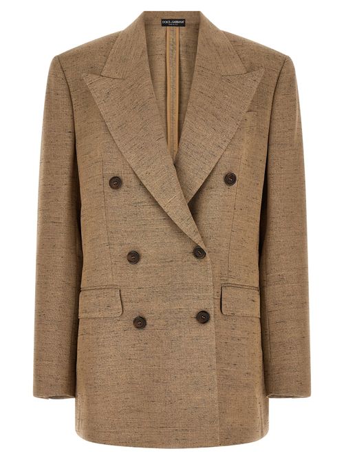 Double-Breasted Linen Blend Tweed Blazer — Camel