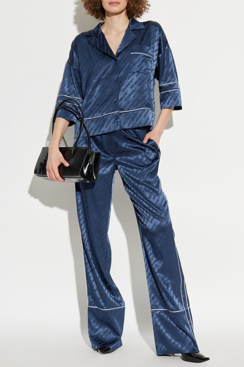 Satin Trousers With Monogram, Women's, Navy Blue