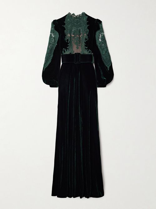 Belted Corded Lace-trimmed Velvet Gown - Green