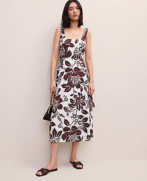 Ann Taylor Petite Floral Flare Midi Dress in Linen Blend