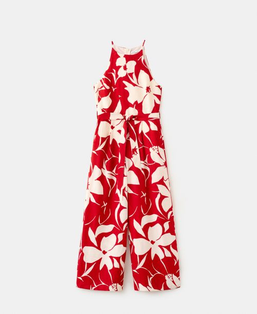 Women's Belted Floral-Printed Jumpsuit - Red