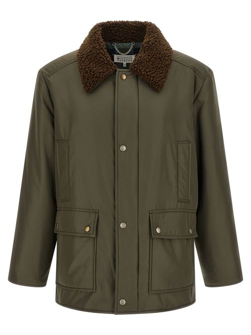 Shearling-Collar Technical Nylon Coat — Green