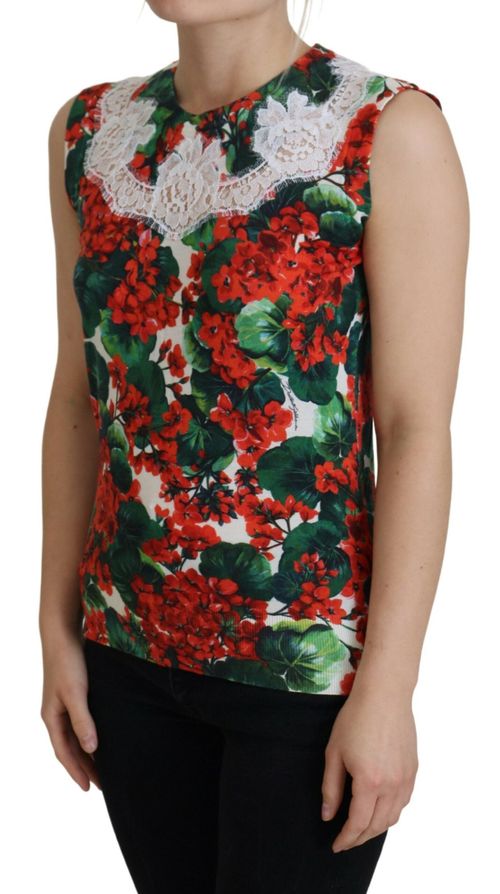 Lace-Trimmed Floral Wool Tank Top — Multicolor