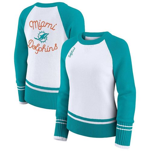 Women's WEAR by Erin Andrews White/Aqua Miami Dolphins Colorblock Raglan weater, ize: ma