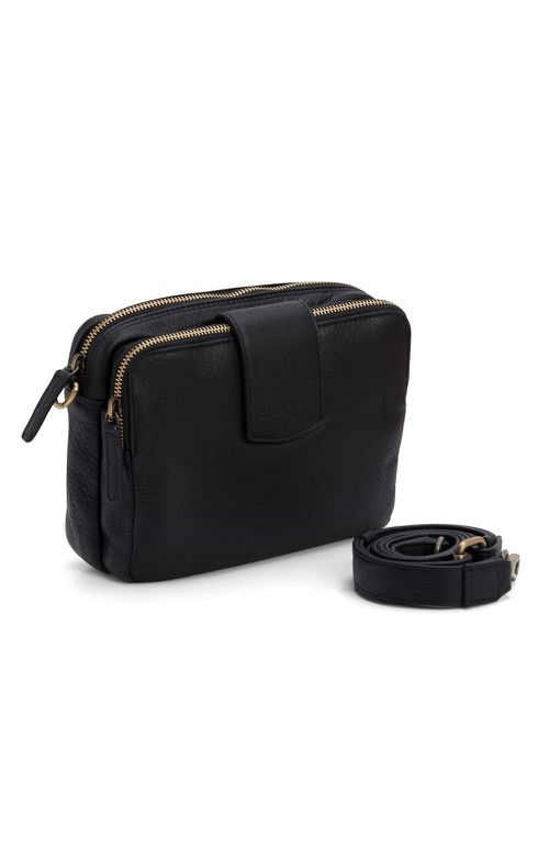 Ladies Double Zip Leather Crossbody Bag - Black, Black