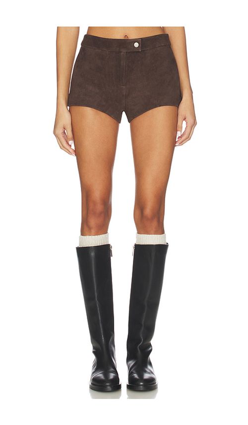 Courtney Zheng Lena Suede Mini Short in Dark Brown. 8/S also