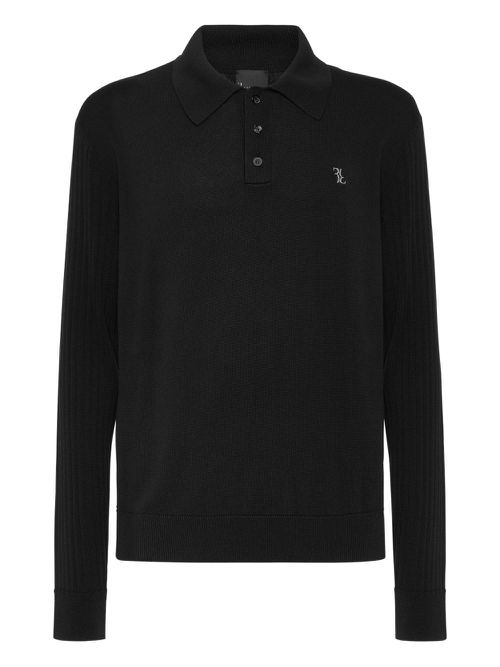 Ribbed long-sleeves polo shirt - Black