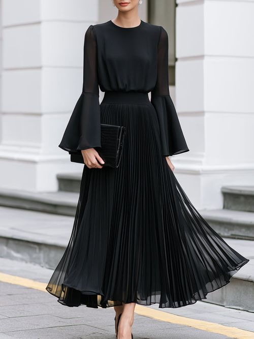 Pleated Chiffon Bell-Sleeve A-Line Maxi Dress - Black