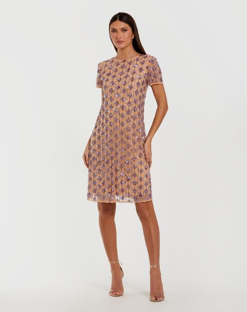 Beige and Purple Short Beaded Shift Dress