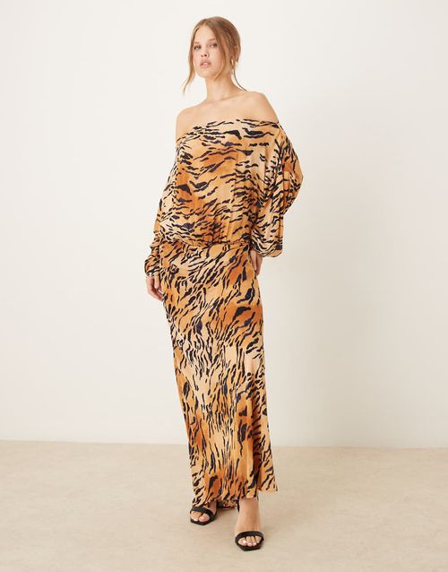 Plisse off shoulder maxi dress in tiger print-Orange