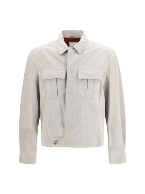Suede Shirt-Collar Jacket — Beige