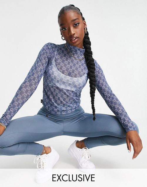 Infuse AOP long sleeve fitted top in blue