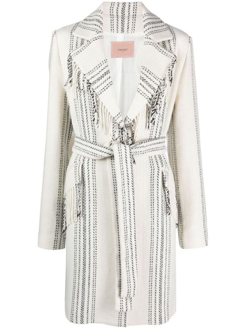Jacquard fringed coat - White