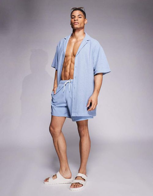 Boxy oversized deep camp collar textured shirt in blue