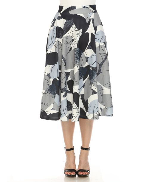 Women's Leaf Print Vintage Flared Midi Skirt - Navy
