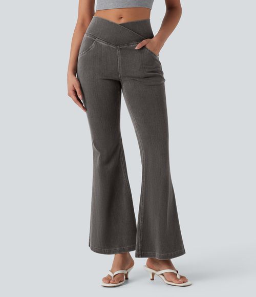 Flex™ High Waisted Crossover Pocket Washed Casual Jeans  - Iron Gate Denim