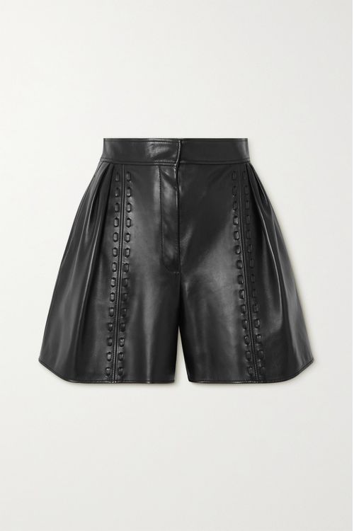 Whipstitched Pleated Leather Shorts - Black - IT36