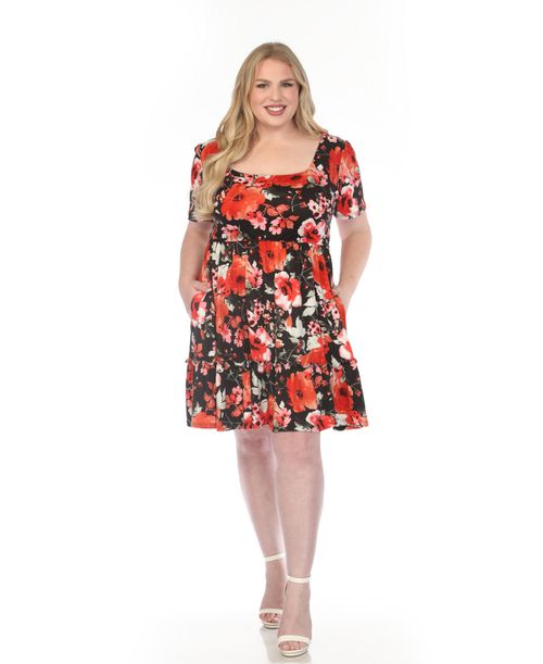 Plus Size Square Neck Short Sleeve Floral Dress - Black