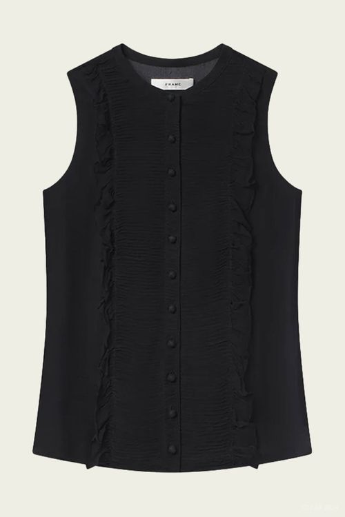 Sleeveless Ruffle Trim Blouse in Black
