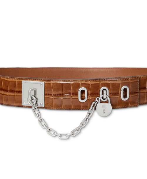Croc-Embossed Chain Padlock Wide Belt - Tobacco/lauren Tan