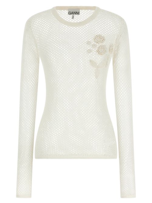 Pointelle Cotton with Floral Appliqué Sweater — Cream